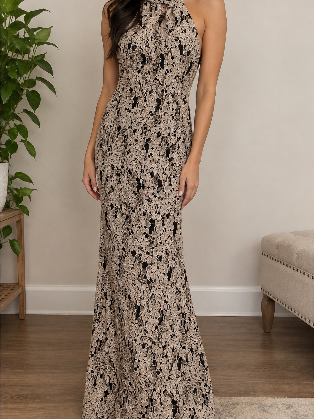 Night Way Collections Beige Lace Halter Maxi Dress with Black Underlay